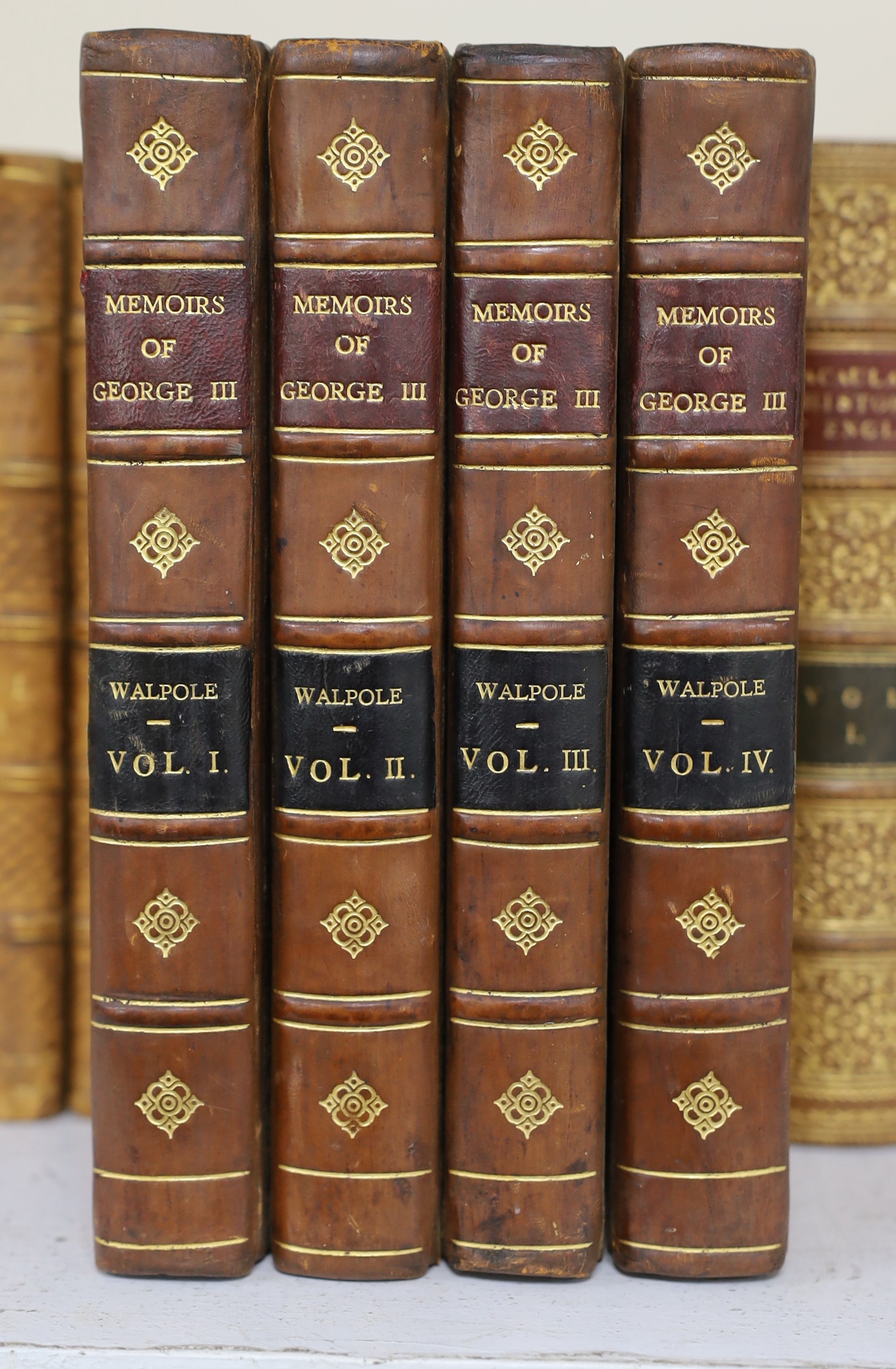 Walpole, Horace, 4th Earl of Orford - Memoirs of the Reign of King George the Third, 4 vols, 8vo, calf rebacked, with portrait frontises, occasional spotting throughout, inner hinges strengthened with tape, London, 1845;